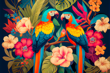 tropical pattern with parrots and flowers in bright colors. Generative ai