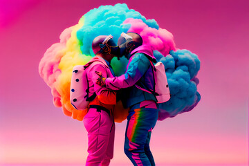 Gay couple with motorbike helmet kissing and hugging in love flying in a colorful cloud. LGTB concept. Ai generated