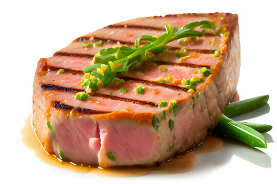 Prepared tuna steak isolated on white background.