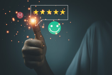 Customer impression concept. Best service rating, The highest satisfaction obtained by press smiley emoji mark, Display five-star high score.