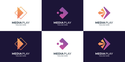 set of abstract media play logo design template. media play technology icon symbol.