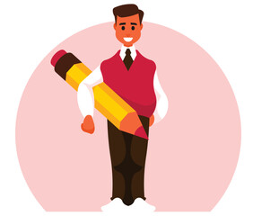 Drawing teacher in a vest holding a huge pencil. Vector graphics