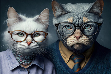 Portrait de monsieur et madame chat portant des lunettes - Générative IA - obrazy, fototapety, plakaty