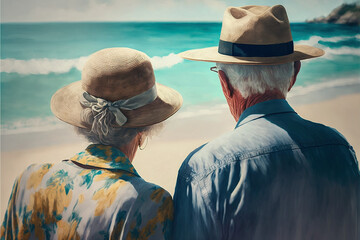 Homme âgé et femme âgée en retraite admirant la mer sur la plage - Générative IA - obrazy, fototapety, plakaty
