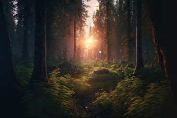 Sunrise in a forest aesthetic background, witchcraft magic wallpaper AI Generated