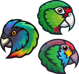 Stylized Parrots - Puerto Rican Amazon, Red-necked Amazon, Red-browed Amazon