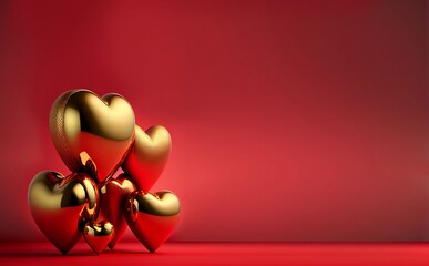 Fondo rojo con globos de oro en forma de corazón realistas. San Valentín, día de los enamorados.  Generado con tecnología de IA - obrazy, fototapety, plakaty