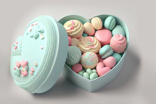 San Valentín, día de los enamorados. Caja en forma de corazón con chocolates, bombones, confites y macarones en colores pasteles. Fondo neutro. Generado con tecnología de IA 