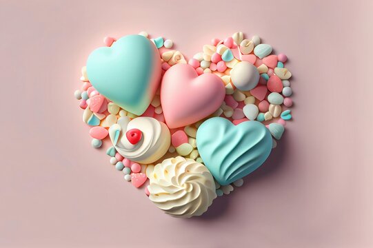 San Valent&iacute;n, d&iacute;a de los enamorados. Composici&oacute;n en forma de coraz&oacute;n de golosinas, chocolates, bombones, confites en colores pasteles. Fondo rosa. Generado con tecnolog&iacute;a de IA 