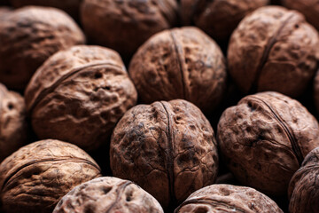 Lots of ripe, whole walnuts in a wrapper close-up. Food, vegetarian.