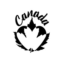 Canada lettering with maple leaf and heart. Black and white. White background.