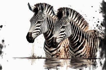 Fototapeta na wymiar zebra standing in water, painting, illustration