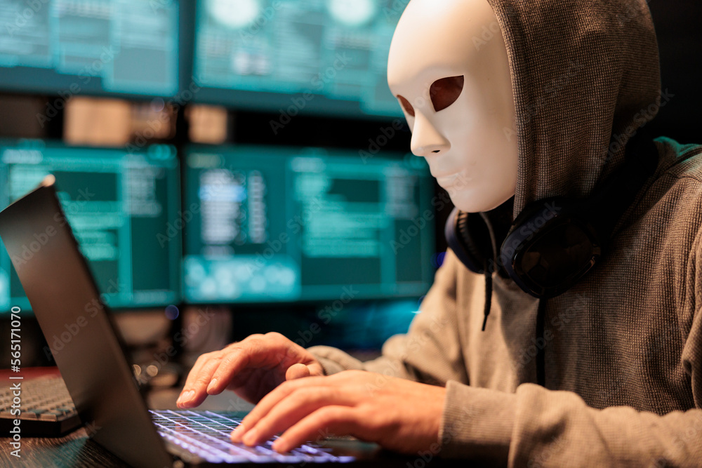 Poster dangerous impostor with masked identity hacking server, acting mysterious and trying to break into c