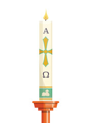 Paschal candle for Easter vigil of Holy Week above wooden candlestick