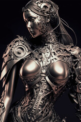 Humanoid metal bronze chrome angel android cyber woman with stunning beautiful shape and elegant luxury mechanical armory details. Generative AI