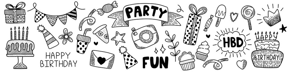 Vector set of happy birthday vector elements on white background. Handdrawn doodle outline line art icons for decoration greeting invitation cards stickers package. Cakes, symbols of celebration party
