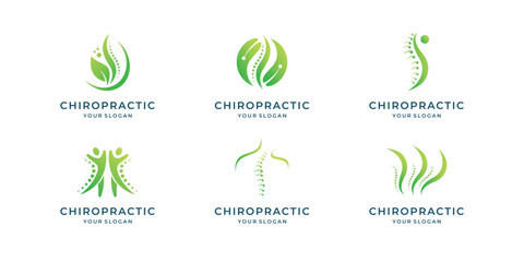 symbol of Chiropractic Logo, massage icon, back pain and osteopathy set logo collection green color medice. - obrazy, fototapety, plakaty