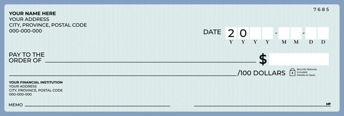 Blank bank cheque template design. Bank check template