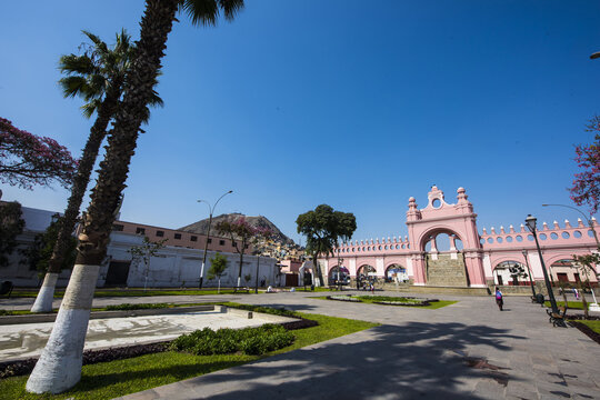 historical,water promenade built in the year 1770 by viceroy manuel amat y juniet "paseo de aguas" with a colonial arch gardens and water fountain in rimac lima peru