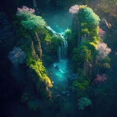 Naklejka na ściany i meble A waterfall In A Majestic Ancient Fantasy Forest - Birds View