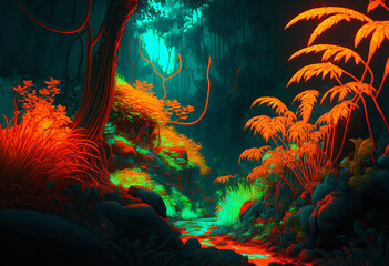 Fototapeta na wymiar Ai-Generated Render of the Magnificent Neon Jungle: A Vibrant 3D Paradise of Colorful Foliage, Tropical Animals, and Lush Rainforest Streams