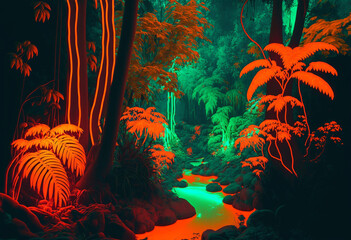 Vibrant AI-Generated 3D Neon Jungle: A Tropical Paradise of Exotic Foliage, Wildlife, and Colorful Light