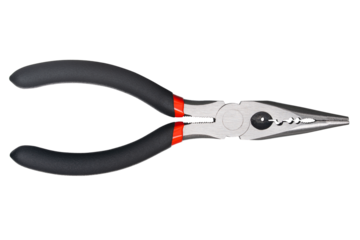 Needle nose pliers. Wire cutter or flush nippers. Universal long nose pliers for electric wire. Professional tools for metal construction. Mechanic instrument for workshop, repairing works. 
