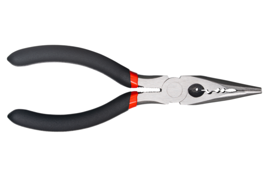 Needle nose pliers. Wire cutter or flush nippers. Universal long nose pliers for electric wire. Professional tools for metal construction. Mechanic instrument for workshop, repairing works. 