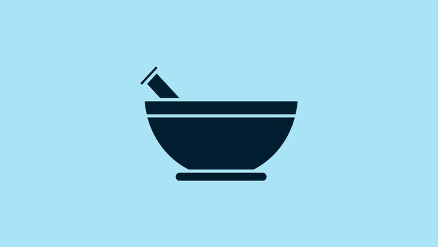 Blue Mortar and pestle icon isolated on blue background. 4K Video motion graphic animation