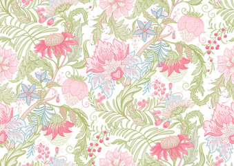 Fantasy flowers in retro, vintage, jacobean embroidery style. Seamless pattern, background. Vector illustration.