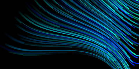Abstract illustration with many thin curved stripes in shades of blue colors on black background