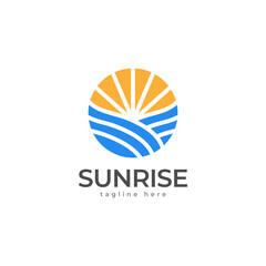 Sunrise logo template. Beach or coast logo design. Ocean waves or sea logo. Vector illustration