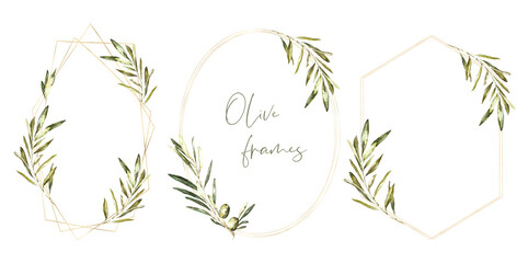 Watercolor greenery olive gold frames set. Polygonal , oval, round, hexagon, wreaths, border, banner. Olive Wedding frames, botanical green wedding stationery invitaion, card design, print, printable 