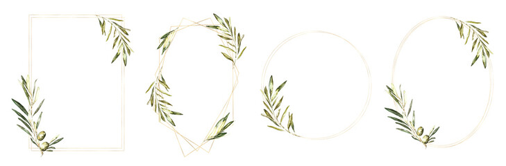 Watercolor greenery olive gold frames set. Polygonal , oval, round, hexagon, wreaths, border, banner. Olive Wedding frames, botanical green wedding stationery invitaion, card design, print, printable 