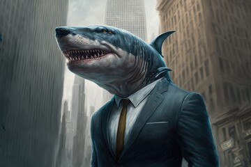 Fototapeta Portrait of a Shark dressed in a formal business suit, generative ai obraz