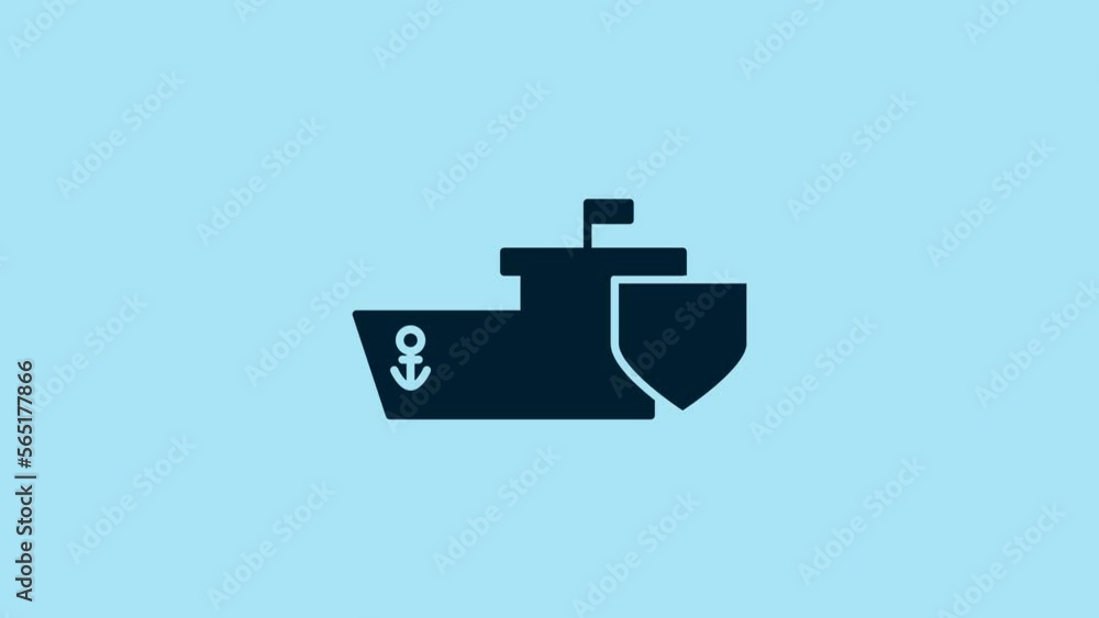 Sticker blue ship with shield icon isolated on blue background. insurance concept. security, safety, protect