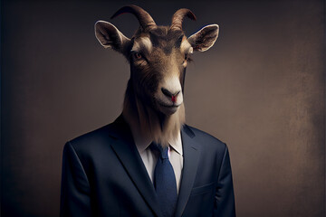 Seriöses realistisches Portrait einer Ziege im Business Anzug mit dunklem Hintergrund