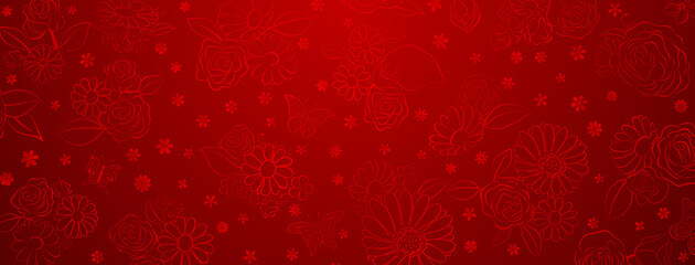 Spring background in red colors made of various flowers and butterflies