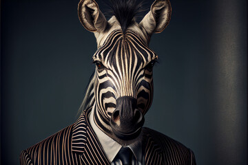 Seriöses realistisches Portrait eines Zebras im Business Anzug mit dunklem Hintergrund