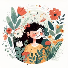Obraz na płótnie Canvas Happy girl with flowers and houseplants