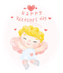 Cute Watercolor Valentine Cupid Boy cartoon character,  Hand-Painted Vector