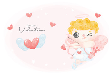 Cute Watercolor Valentine Cupid Boy with Bow and Arrow,  Hand-Painted Vector banner