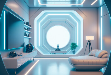Minimalistic futuristic home interior, Sci-fi, bright entertainment room, Generative AI