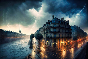 Floods, storm & lightnings over Paris - generative AI - obrazy, fototapety, plakaty