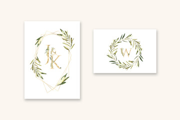 Watercolor olive greenery gold polygonal frame, wreath, gold letters inital monogram, alphabet, J, K, W Green wedding stationery greeting card, invitation, save the date, rsvp, botanical olive frames