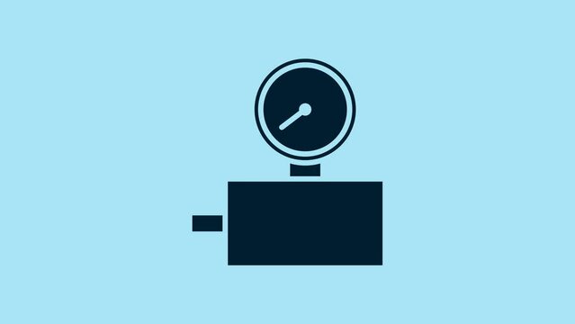 Blue Gauge scale icon isolated on blue background. Satisfaction, temperature, manometer, risk, rating, performance, speed tachometer. 4K Video motion graphic animation