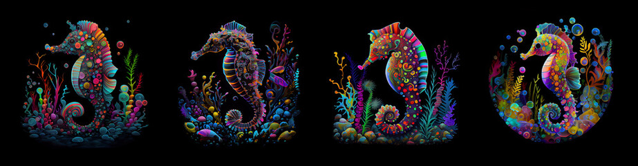 Beautiful seahorse with corals. Multicolored illustration with black background. AI generative.