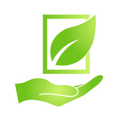 Hand with eco green leaf icon Bio nature green eco symbol for web and business