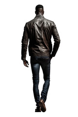 back view of a black man walking away and wearing a leather jacket and dark jeans pants. back light. transparent isolated PNG background. handsome african american man, rear view.