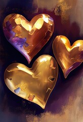 Three Golden Valentine Hearts Romantic Background Generative AI